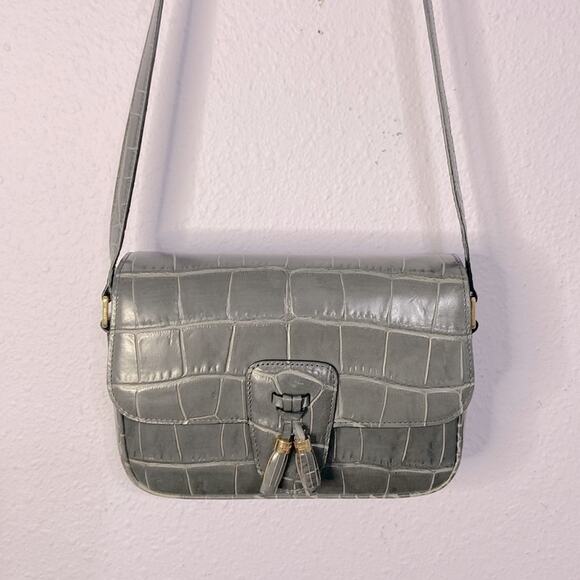 Authentic Celine Women Gray Anthracite Croc Embossed Leather Tassel Handbag - Picture 2 of 15